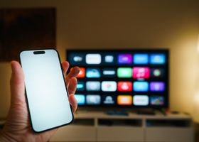 A smartphone in focus with a smart TV displaying apps in a cozy living room.